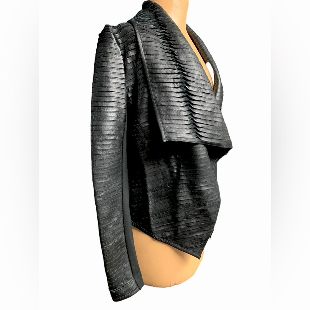 Black Leather Ribbed Draped Jacket - Womens - Picture 4 of 11